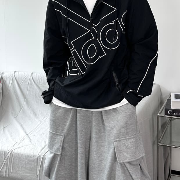 아디다스 빅로고 나일론 반집업 후드 바람막이 XL