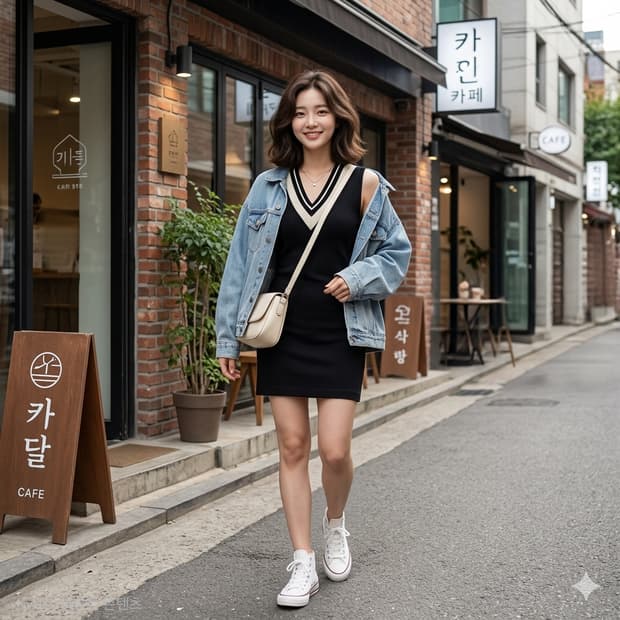 럭키슈에뜨 V넥 스트라이프 배색 민소매 원피스
