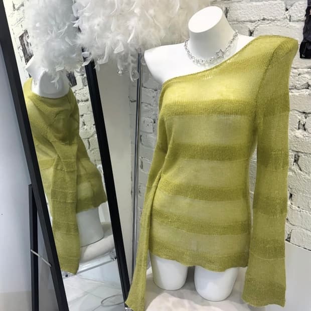 Stripe Off-Shoulder See-through Knit