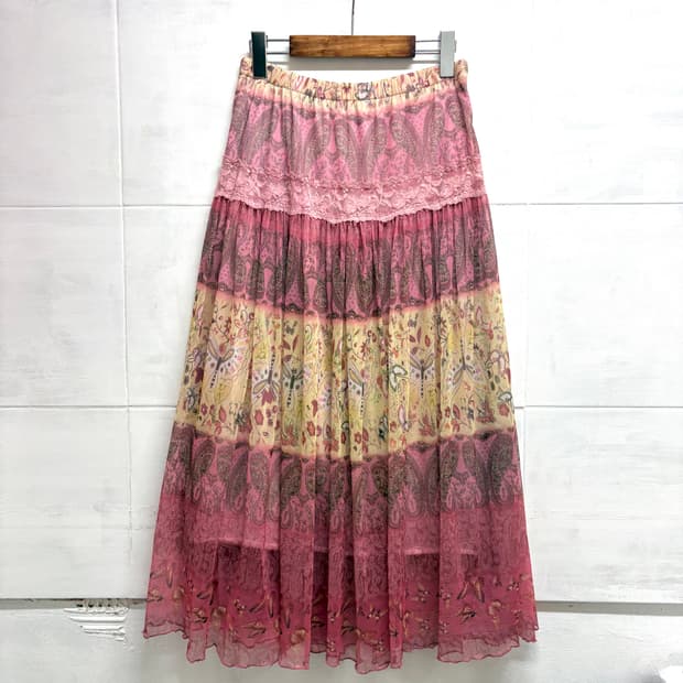 쉬폰 핑크 패턴 에스닉 레이스 롱 스커트 F JPN
