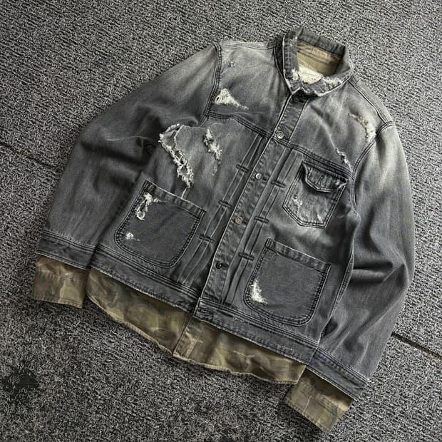 빈티지 아카이브 디스트로이드 흑청 데님 셔츠 3086