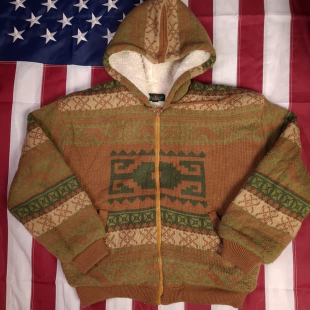 90's 일본판 에스닉 보아퍼 패턴 니트 후드 집업