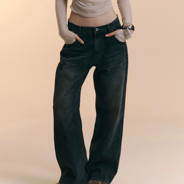 플리즈노팔로우 25 데미지 워싱 와이드 데님