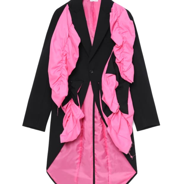 새상품 꼼데가르송 옴므플러스 핑크러플 블랙 롱 코트 S