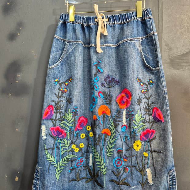 꽃 자수 데님 롱 스커트 프리  66 77 88