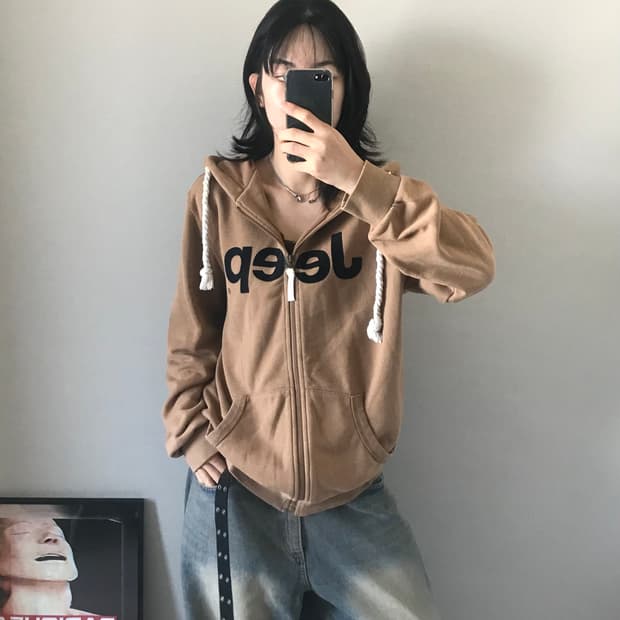 지프 중앙 로고 써멀 카멜 후드집업