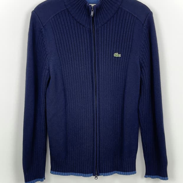 라코스테 네이비 하이넥 울 지퍼 가디건