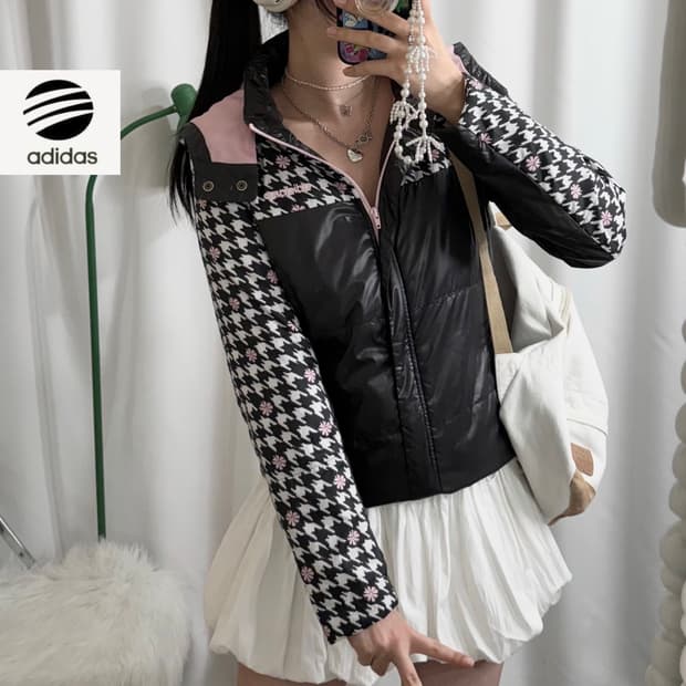 아디다스 블랙 & 핑크 하운드 체크 패딩 자켓