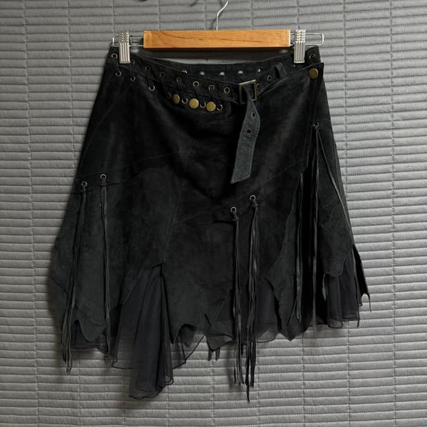 빈티지 히피 그런지 보헤미안 테슬 스웨이드 언발 스커트