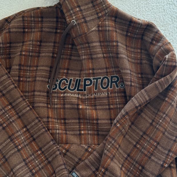 스컬프터 브라운 체크 후드티 플리스 후리스 후디