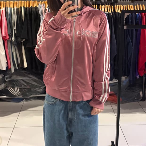 아디다스 유광 핑크 후드 큐빅 져지