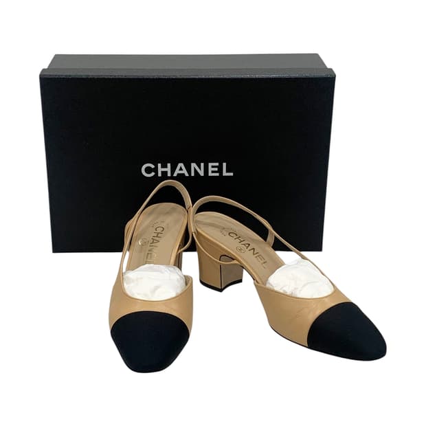 샤넬 클래식 투톤 고트스킨 슬링백 미들힐 펌프스구두
