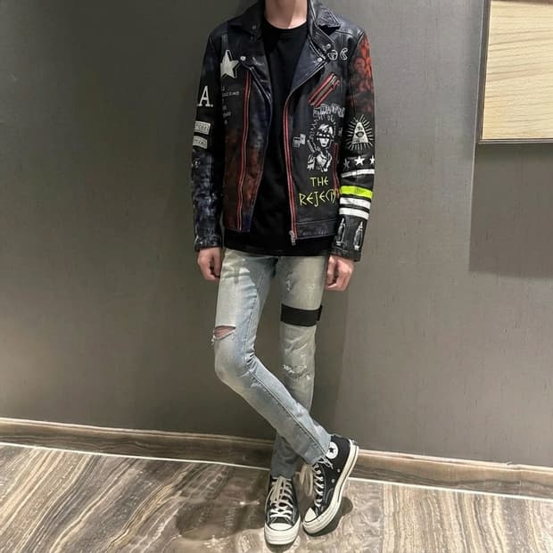 헐리우드 트레이딩 컴퍼니 / 타투낙서 페인팅 양가죽 바이커 자켓