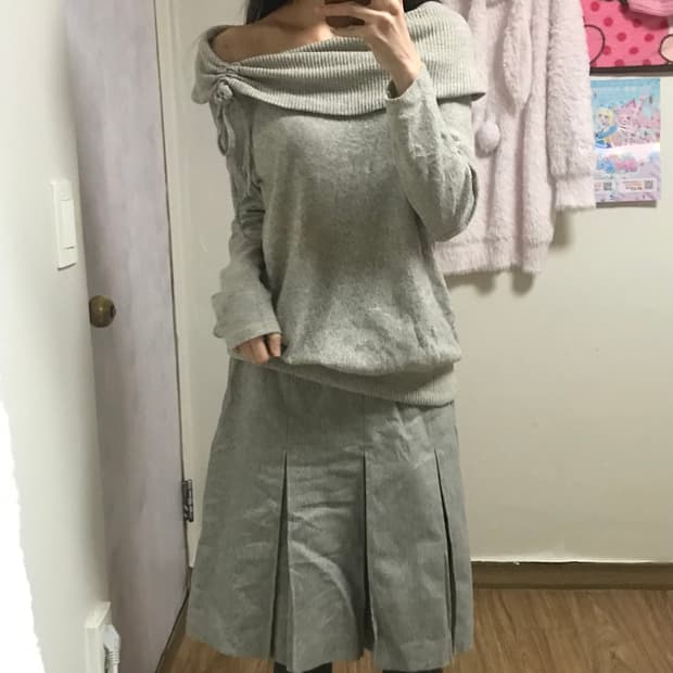 빈티지 오프숄더 그레이 리본 니트 티셔츠 히메갸루 로걀 라떼 코이세이오깔