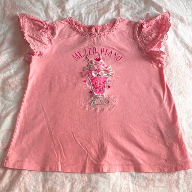 메조피아노 핑크 아이스크림 리본 소다 티셔츠 레이스 빈티지 히메 로걀