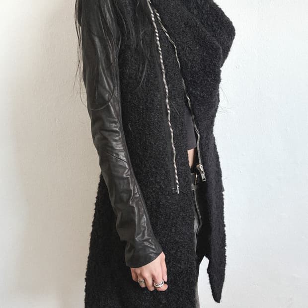 rare* 릭오웬스 사선지퍼 하이넥 모헤어 레더슬리브 코트