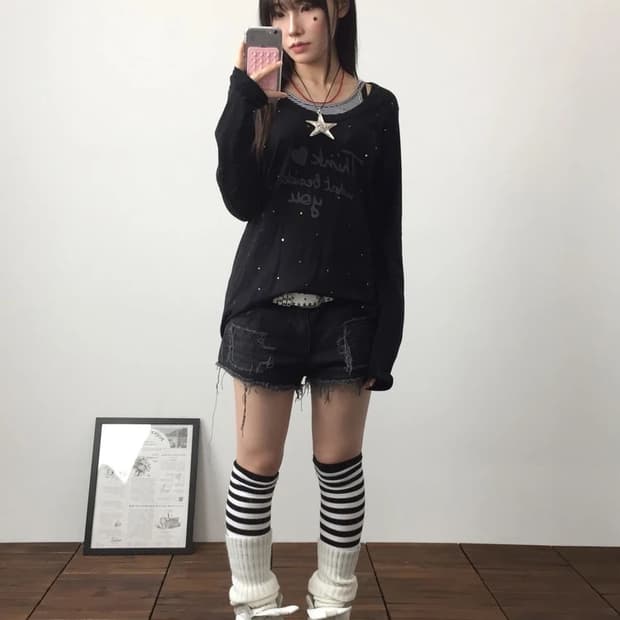 Japan Y2K Rhinestone Black Long Sleeve
