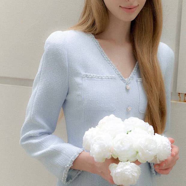 르로망 Tweed Pleats Trim Mini-Dress / Blue