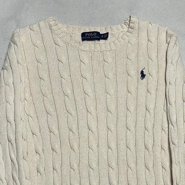 XS 폴로랄프로렌 네이비 포니 여성용 아이보리 케이블 니트 