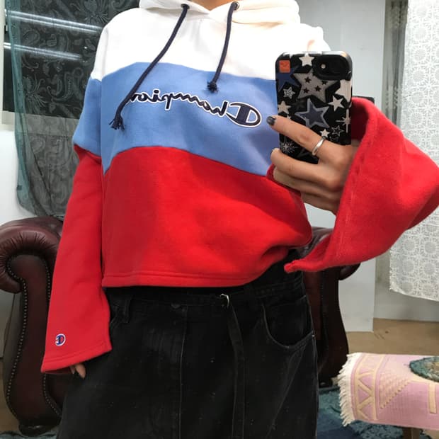 챔피온 리버스위브 여성 기모 크롭 배색 후드티 