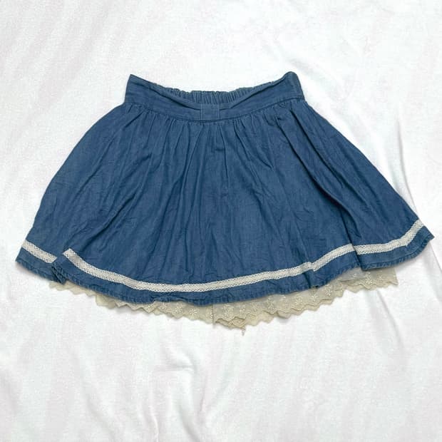 블루 데님 청 리본 레이스 큐롯 치마 스커트 히메 러블리 모리 니혼진