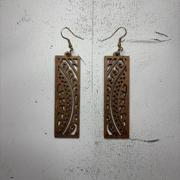 Carved tribal wood panel earrings