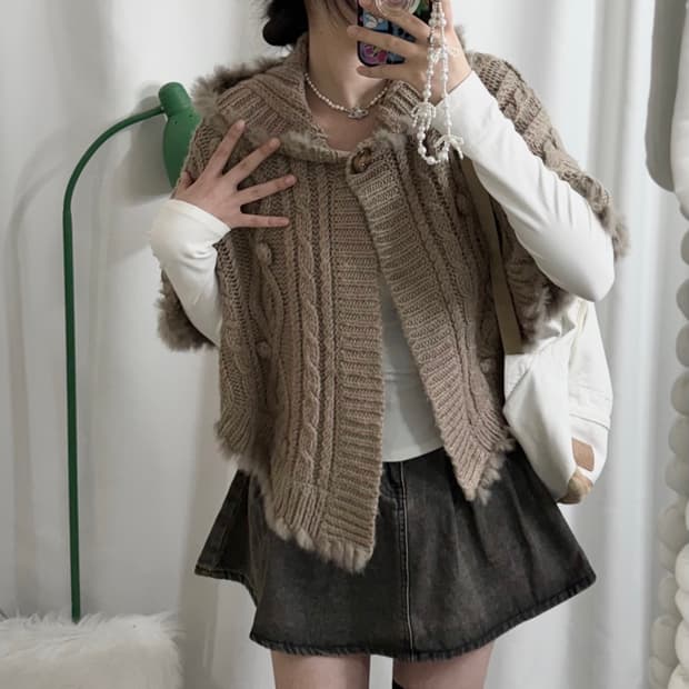 코코아 브라운 꽈배기 후드 케이프 가디건