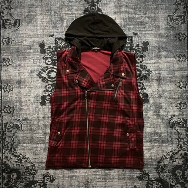 Red Check Punk Hoodie Vest