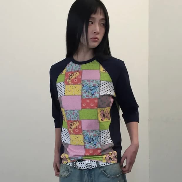 PATCHWORK QUILTED PRINTED 3/4 SLEEVE TEE