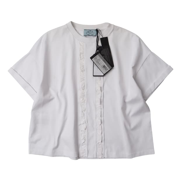 프라다 18ss 러플 화이트 포플린 하프 티셔츠
