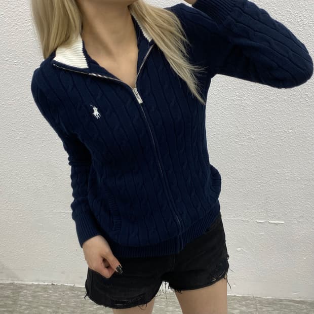 폴로 랄프로렌 화이트포니 화이트 배색 네이비 니트집업 S