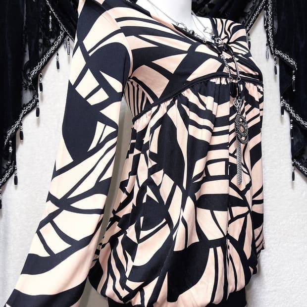 오네갸루 히메 로맨틱 로걀 기하학패턴 트임 호박 벌룬원피스 섹시 블라우스