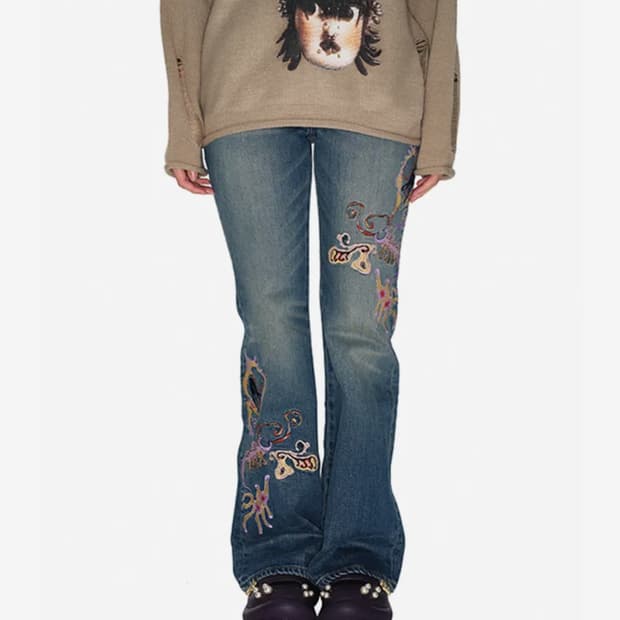 유쓰배쓰 Embroidery denim pants_blue L