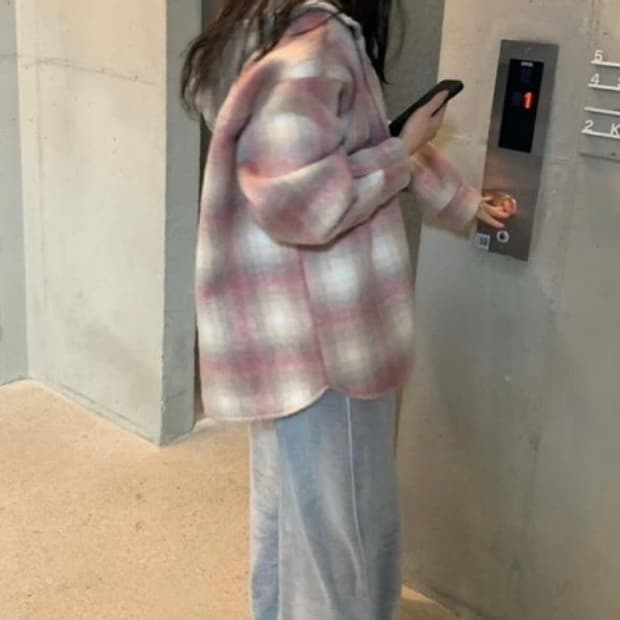 체크 후드 가디건