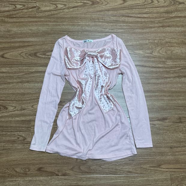 빈티지 핑크 리본 보석 긴팔 티셔츠 달천깔 히메갸루 로걀 라떼 긱시크 오