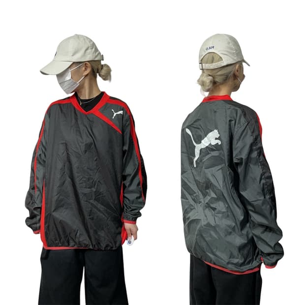푸마 차콜 올드스쿨 화이트 빅 로고 웜업 바람막이 긴팔티 M