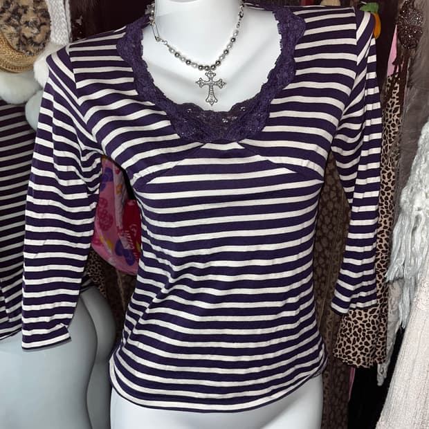 y2k 키치 퍼플 단가라 레이스 긴팔