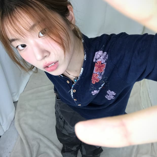 빈티지 오리엔탈 네이비 헨리넥 롱슬리브