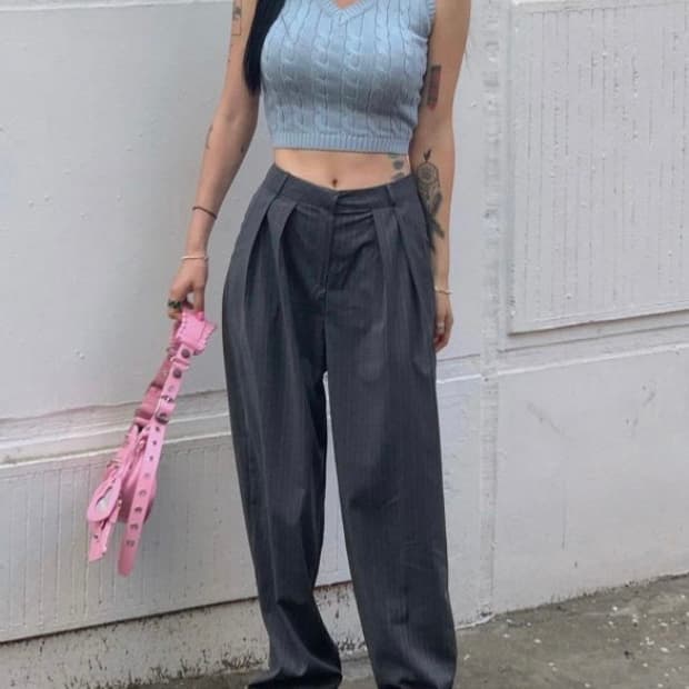 페일제이드 회색 스트라이프 와이드 슬랙스