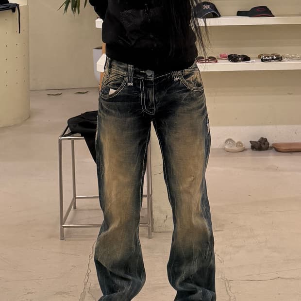 버카루 y2k 워싱 데미지 플레어 데님 팬츠 U688