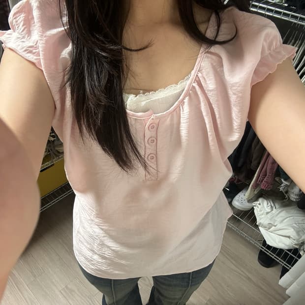 핑크 퍼프소매 헨리넥 블라우스Pink puff sleeve blouse