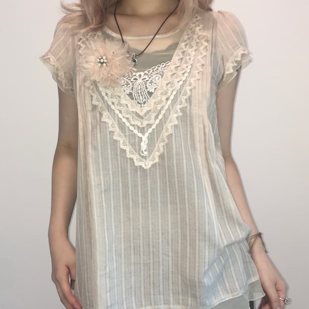 Set)Beige flower chiffon blouse + brooch