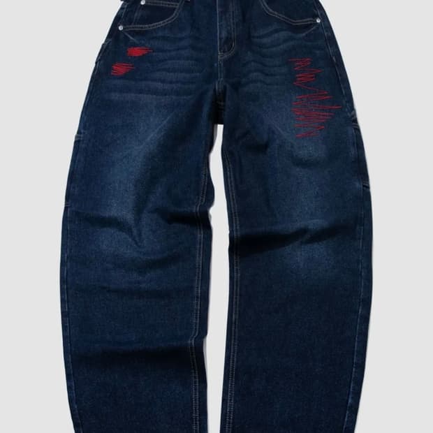 컬러 자수 스티치 포인트 벌룬 스트레이트핏 D링 데님 워싱 팬츠