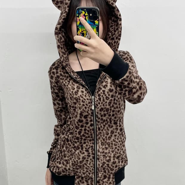 갸루 레오파드 귀돌이 집업