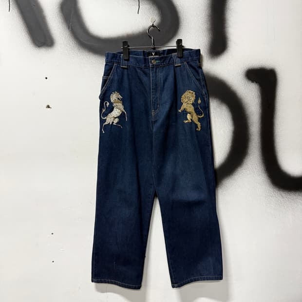 90-00s 지오바니 발렌티노 니들워크 자수 디테일 와이드 데님 팬츠