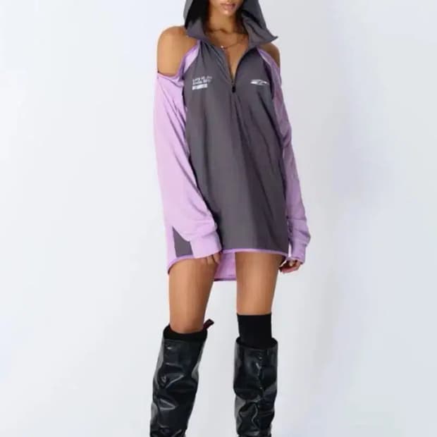 Leey 리 스포티 오픈숄더 후드 그레이