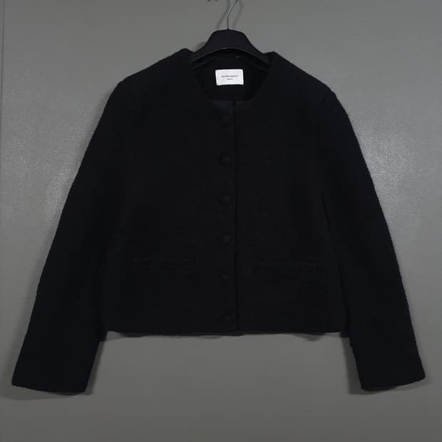 여성 M) 더오픈프로덕트 블랙 크롭 울 모 버튼 포켓 트위드 자켓