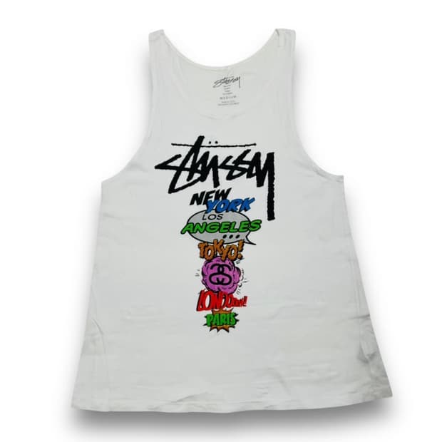 스투시 카툰 월드투어 레어 빈티지 화이트 슬리브리스