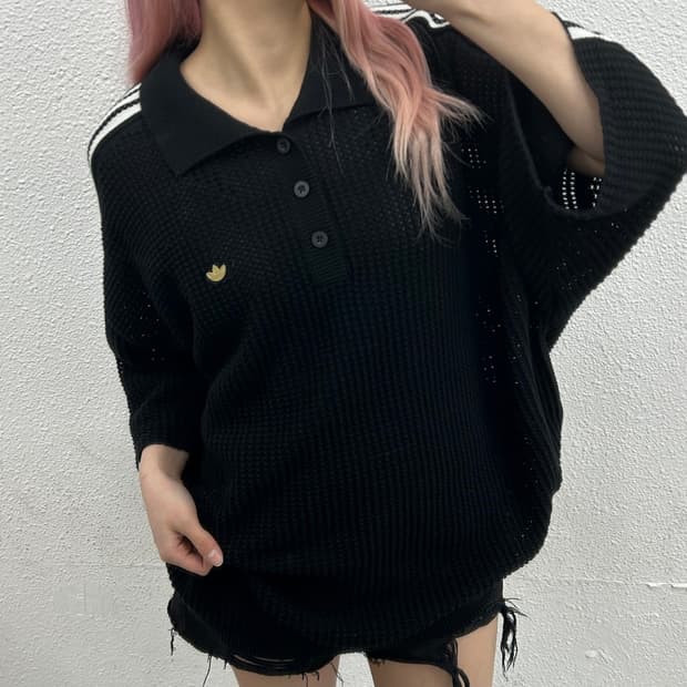 아디다스 골드 브로치 블랙 네트 카라 반팔 2XL