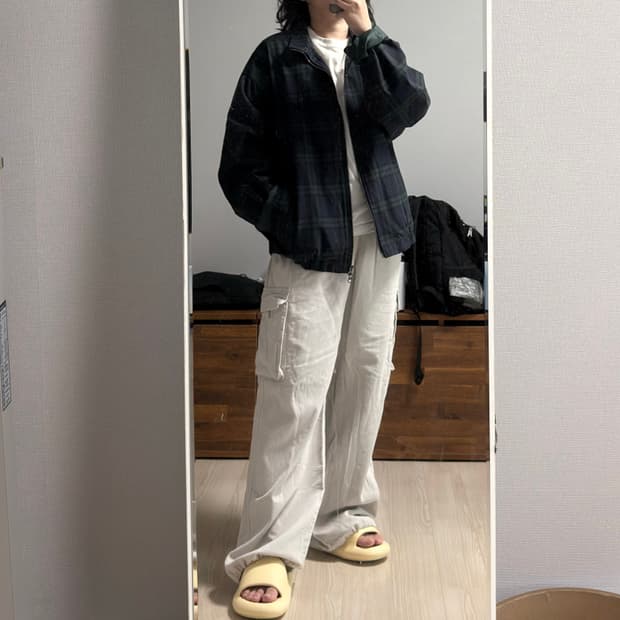 체크 패턴 블루종 자켓 그린 네이비